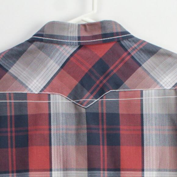 BKE Western Shirt Mens XL Tailored Fit Red Gray Plaid Contrast Stitch Pearl Snap - Picture 10 of 11
